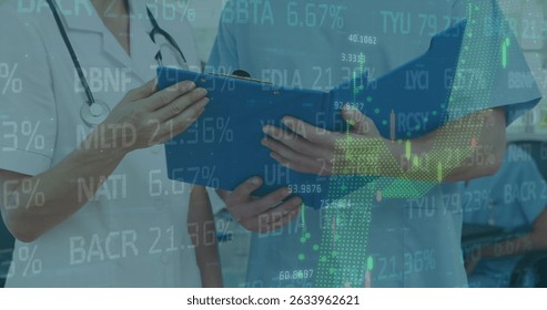 Image of stock market data processing over female doctor and health worker examining reports. Global economy and healthcare concept