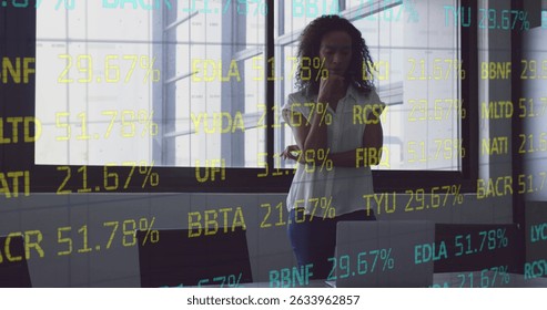 Image of stock market data processing over thoughtful african american woman at office. Global economy and business technology concept