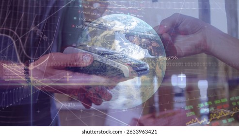 Image of stock market data processing over mid section of woman making a payment by credit card. Digital payment and business technology concept