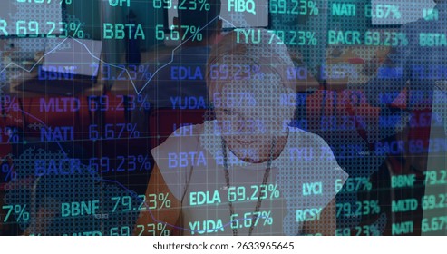 Image of stock market data processing over caucasian female engineer working at office. Global finance and architectural engineering technology concept