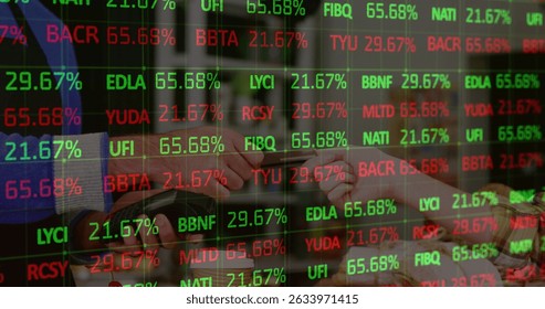 Image of stock market data processing over woman making a payment through her credit card. Global economy and business technology concept