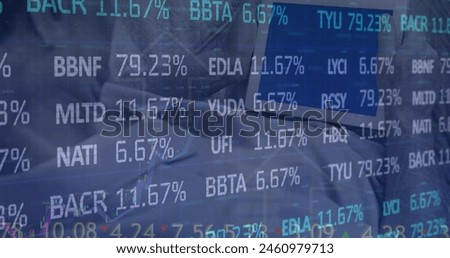 Image of stock market data processing against close up of a person holding digital tablet. Global economy and business technology concept
