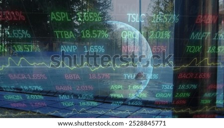 Image of stock market data processing and spinning globe against man in swimming pool. Global economy and business networking technology concept