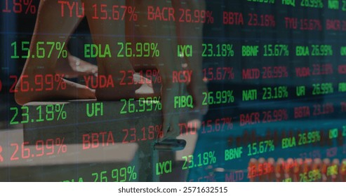 Image of stock market and diagrams over caucasian swimmer jumping into swimming pool. Global business, sport and digital interface concept, digitally generated image.