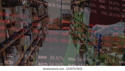 Image of stock market and financial data processing over empty warehouse. global shipping, delivery and connections concept digitally generated image. - Powered by Shutterstock