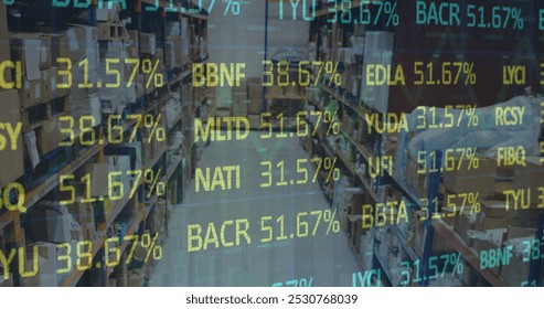 Image of stock market and financial data processing over empty warehouse. global shipping, delivery and connections concept digitally generated image. - Powered by Shutterstock