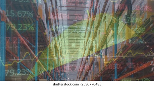 Image of stock market and financial data processing over empty warehouse. global shipping, delivery and connections concept digitally generated image.