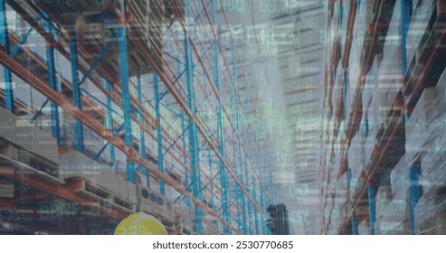 Image of stock market and financial data processing over empty warehouse. global shipping, delivery and connections concept digitally generated image. - Powered by Shutterstock