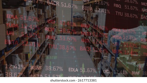 Image of stock market and financial data processing over empty warehouse. global shipping, delivery and connections concept digitally generated image.