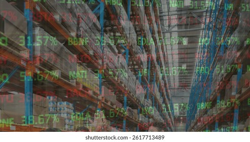 Image of stock market and financial data processing over empty warehouse. global shipping, delivery and connections concept digitally generated image.