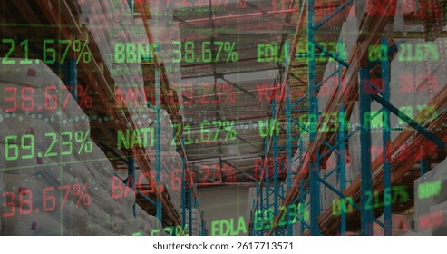 Image of stock market and financial data processing over empty warehouse. global shipping, delivery and connections concept digitally generated image.
