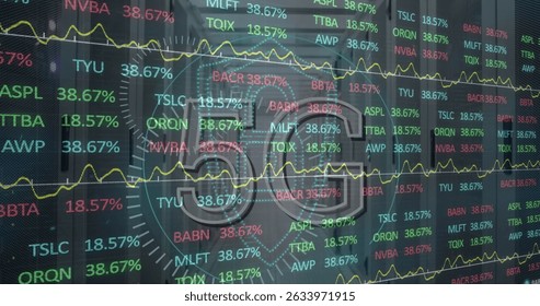 Image of stock market and scope scanning with 5g text over server room. Global technology, computing and digital interface concept digitally generated image.