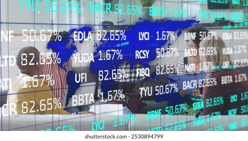 Image of stock market with world map over diverse business people at office. Global business, computing and digital interface concept digitally generated image. - Powered by Shutterstock