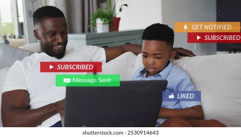 Image of subscribe over happy african american father and son using laptop. family, togetherness, spending quality time concept digitally generated image. - Powered by Shutterstock