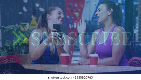 Image of subscribe text over two caucasian women using smartphone on climbing wall. social media and communication interface concept digitally generated image. - Powered by Shutterstock