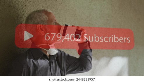 Image of subscribers text over senior man wearing face mask. global covid 19 pandemic and vaccination concept digitally generated image. - Powered by Shutterstock