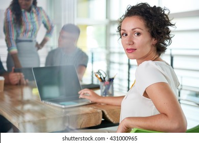 Image Of A Succesful Casual Business Woman Using Laptop During Meeting