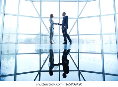 Image of successful businessman and businesswoman handshaking after striking deal on background of window - Powered by Shutterstock