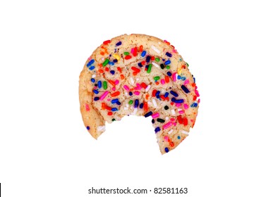 An Image Of A Sugar Cookie With A Bight Taken Out Of It.  Image Is Isolated On White.