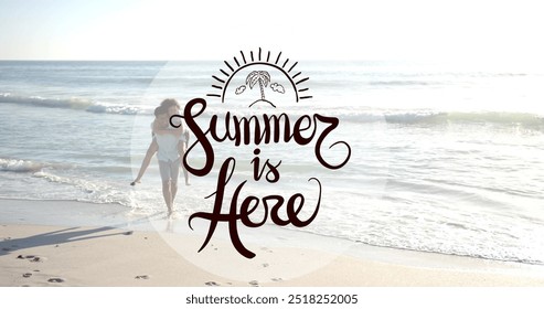 Image of summer is here text over diverse couple walking on beach. Summer, vacation, lifestyle and digital interface concept digitally generated image.