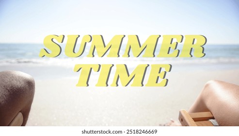 Image of summer time text over diverse couple holding hands on beach. Summer, vacation, lifestyle and digital interface concept digitally generated image. - Powered by Shutterstock