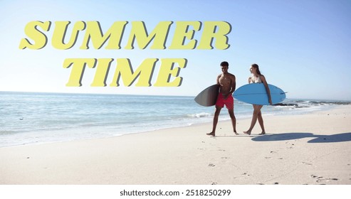 Image of summer time text over diverse couple walking with surfboards on beach. Summer, vacation, lifestyle and digital interface concept digitally generated image. - Powered by Shutterstock