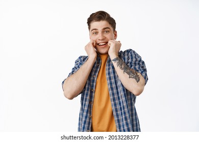 Image Of Surprised And Excited Young Man, Real Emotions Of Happiness And Disbelief, Guy Receive Big Awesome News, Surprise Gift, Standing Amazed Against White Background