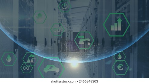 Image of sustainable resource icons in hexagons and globe over server room. Digital composite, global connection, security, networking, technology, network server, renewable energy.