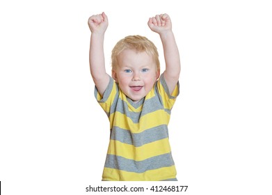 Image Of Sweet Baby Boy With Hand Up. Portrait Of Child Isolated On White Background, Cute Toddler With Blue Eyes. Winner Child