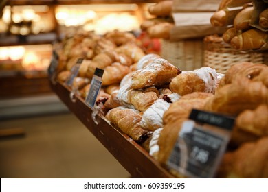 Image Of A Lot Of Sweet Croissants In Supermarket Bakery