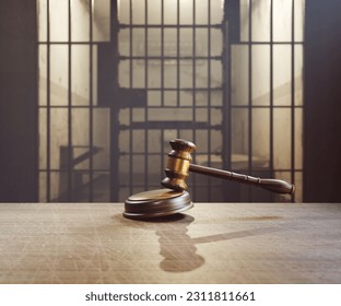 The image symbolizes the verdict of the prosecution for the life sentence. A wooden gavel hits the round block. A prison cell appears in the background. Concept justice, judgment, punishment, guilt.