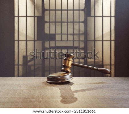 The image symbolizes the verdict of the prosecution for the life sentence. A wooden gavel hits the round block. A prison cell appears in the background. Concept justice, judgment, punishment, guilt. Foto d'archivio © 