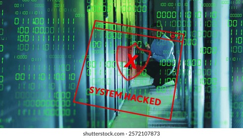 Image of system hacked and data processing over computer servers. Global cyber security, connections, cloud computing and data processing concept digitally generated image.