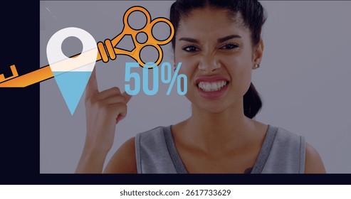 Image of tag with growing number and key over biracial woman. global business, data processing and digital interface concept digitally generated image.