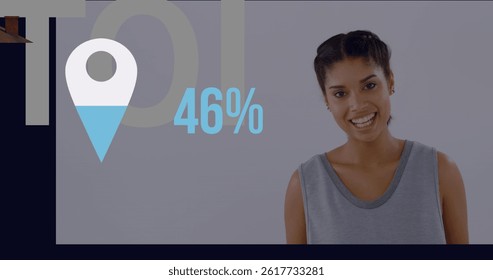 Image of tag with growing number over biracial woman. global business, data processing and digital interface concept digitally generated image.