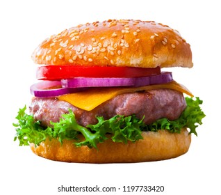 Image Of Tasty Grilled Hamburger With Pork Patty, Tomato, Cheese And Lettuce. Isolated Over White Background