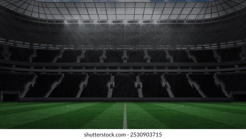 Image of team emblems and data processing on blue graphs over sports stadium. sport, competition, technology and digital interface concept, digitally generated image. - Powered by Shutterstock