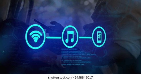 Image of tech icons and data over hands of caucasian man using smartphone. Data processing and technology concept digitally generated image.