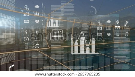Image of tech icons and data over cityscape. Network, math, science and technology concept digitally generated image.