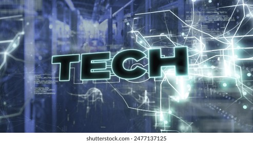 Image of tech text with computer language and navigation pattern over server room. Digital composite, coding, programming language, data center, networking, technology and network server concept.