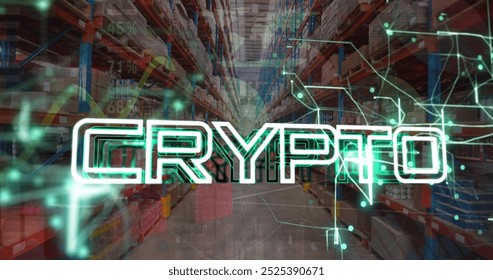Image of tech text over data processing and connections over warehouse. Global business, connections, computing and data processing concept digitally generated image.