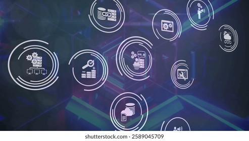 Image of technology icons over digital tunnel on black background. Global technology, computing and digital interface concept digitally generated image.