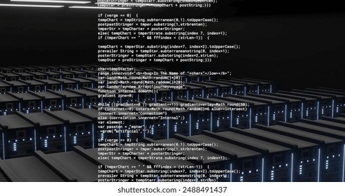 Image of text data processing over banks of flashing computer servers in dark server room. Connection, data, processing, business, digital interface and communication, digitally generated image.