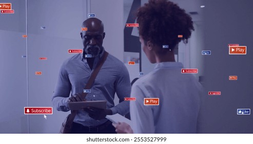 Image of text and data processing over diverse business people in office. Global social media, business, connections, computing and data processing concept digitally generated image. - Powered by Shutterstock