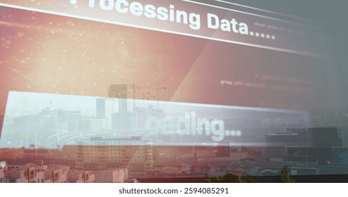 Image of text and data processing over cityscape. Global finance, business, connections, computing and data processing concept digitally generated image.