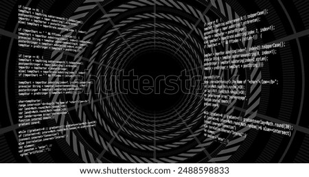 Image of text data processing over tunnel of concentric rings on black background. Connection, data, processing, digital interface and communication, digitally generated image.