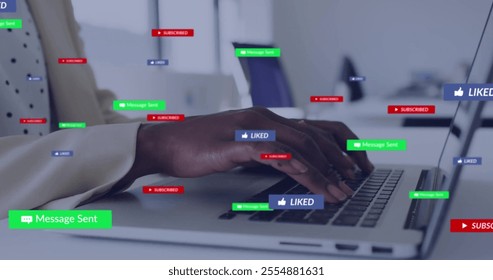 Image of text and digital data processing over african american woman using laptop. Global social media, connections, computing and data processing concept digitally generated image. - Powered by Shutterstock