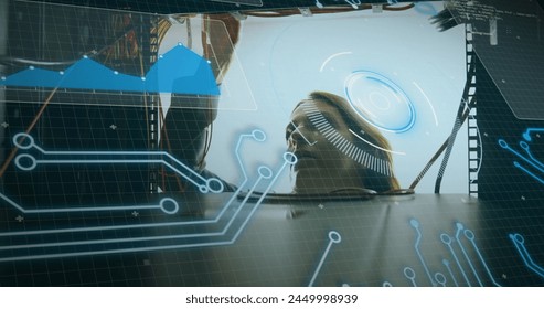Image of text with globe and network of connections. Global digital interface technology and networking concept digitally generated image.