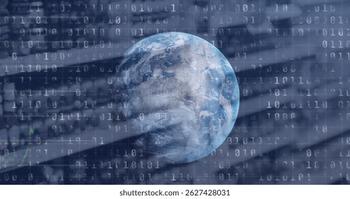 Image of text with globe and network of connections. Global digital interface technology and networking concept digitally generated image.