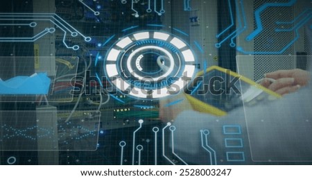 Image of text with globe and network of connections. Global digital interface technology and networking concept digitally generated image.